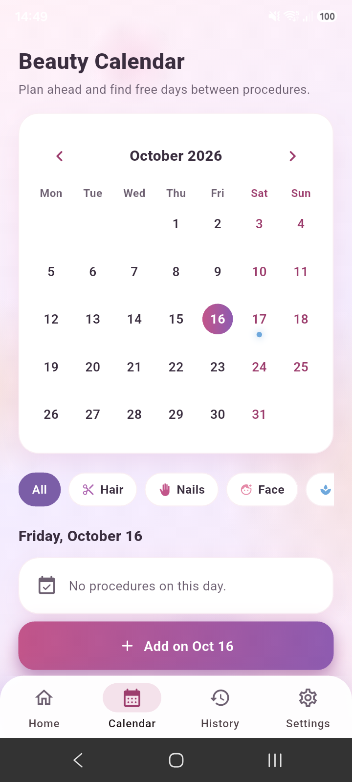 Radiant Planner calendar screen