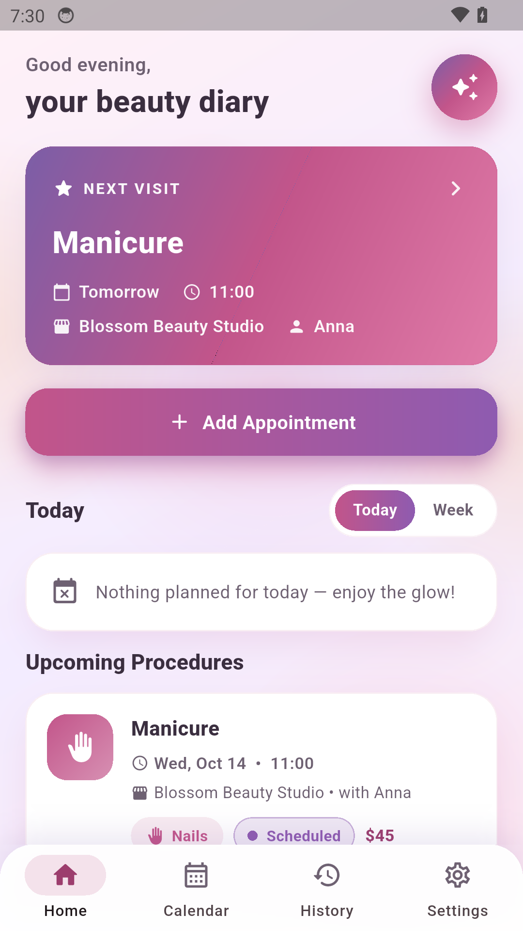 Radiant Planner home screen
